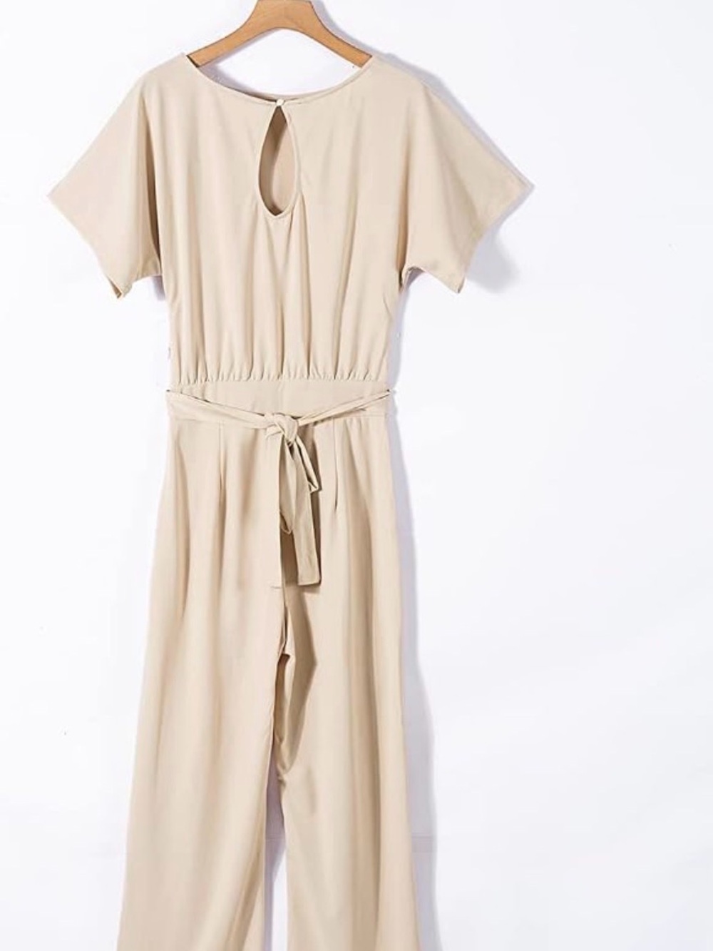 Cream Tie-Waist Jumpsuit with Keyhole Neckline